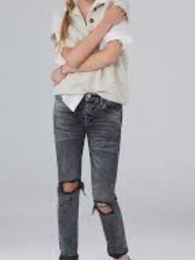 Pilcro for Anthropologie slim boyfriend jeans in a distressed black or grey - 25